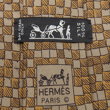 エルメス HERMES 総柄 9cm ブラウン シルク ネクタイ 市松模様 手書き