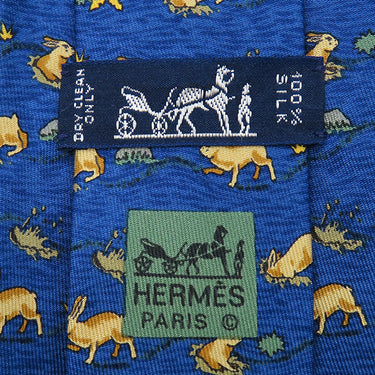 エルメス HERMES クラバット 9cm ブルー シルク ネクタイ 青 総柄 うさぎ 穴掘り