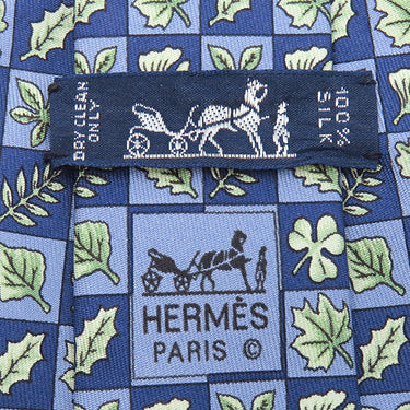 エルメス HERMES 総柄 9cm ネイビー×ブルー シルク ネクタイ 市松模様 葉っぱ リーフ柄