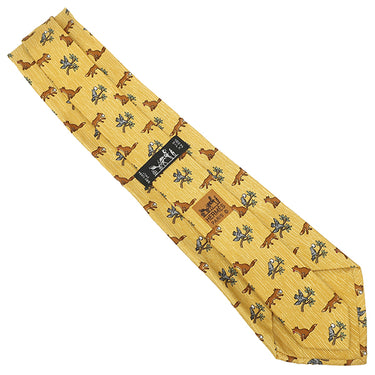 エルメス HERMES アニマル柄 9cm イエロー×マルチカラー シルク ネクタイ 黄色 グレー 緑 茶 キツネ 鳥