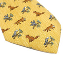 エルメス HERMES アニマル柄 9cm イエロー×マルチカラー シルク ネクタイ 黄色 グレー 緑 茶 キツネ 鳥