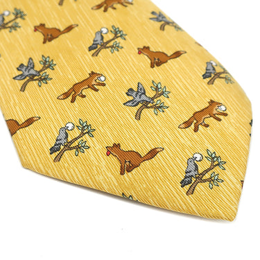 エルメス HERMES アニマル柄 9cm イエロー×マルチカラー シルク ネクタイ 黄色 グレー 緑 茶 キツネ 鳥