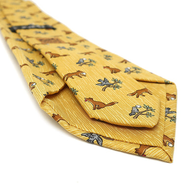 エルメス HERMES アニマル柄 9cm イエロー×マルチカラー シルク ネクタイ 黄色 グレー 緑 茶 キツネ 鳥