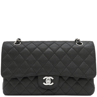 シャネル CHANEL マトラッセ 25 フラップバッグ A01112 ブラック キャビアスキン ショルダーバッグ シルバー金具 ダブルチェーン ダブルフラップ ココマーク 黒