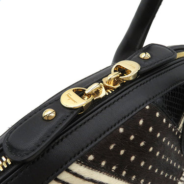 サルヴァトーレ・フェラガモ Salvatore Ferragamo フィアンマ ブラック×ブラウン×ホワイト レザー ハラコ 2WAYバッグ ゴールド金具 黒 茶 白 パッチワーク