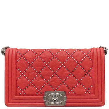 シャネル CHANEL ボーイシャネル A67086 レッド カーフスキン ショルダーバッグ シルバー金具 スタッズ 赤 肩掛け ココマーク