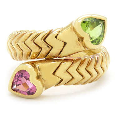 ブルガリ BVLGARI ドッピオ バチェラート ハート イエローゴールド K18YG ピンクトルマリン グリーントルマリン リング 指輪 750 18金 10号
