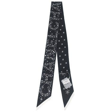 シャネル CHANEL ココマーク ロゴ ブラック×ホワイト シルク スカーフ 黒
