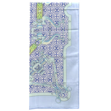 エルメス HERMES ショール カレ140 CARRE ブルー×グリーン カシミヤ シルク ストール 【MORS ETGOURMETTES/馬術と鎖】