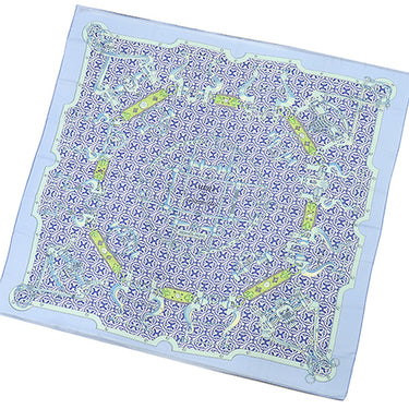 エルメス HERMES ショール カレ140 CARRE ブルー×グリーン カシミヤ シルク ストール 【MORS ETGOURMETTES/馬術と鎖】