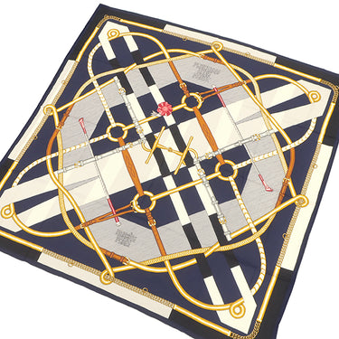 エルメス HERMES ショール カレ140 CARRE マリン×ホワイト×ゴールド カシミヤ シルク ストール 【PARCOURS SANS FAUTE/完璧なコース】