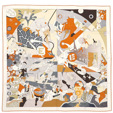 エルメス HERMES カレ90 CARRE ホワイト×グリ×オランジュキュイ シルク スカーフ 【CA DECOIFFE/サ デコワフ！】※ソルド刻印あり