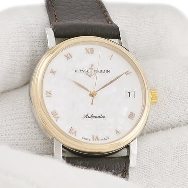腕時計 ユリスナルダン ULYSSE NARDIN サンシアー 135-22 自動巻き メンズ K18RG×SS コンビ ホワイト ローマン デイト ラウンド
