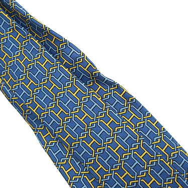 エルメス HERMES H柄 9cm ブルー×イエロー シルク ネクタイ 青 黄色 総柄