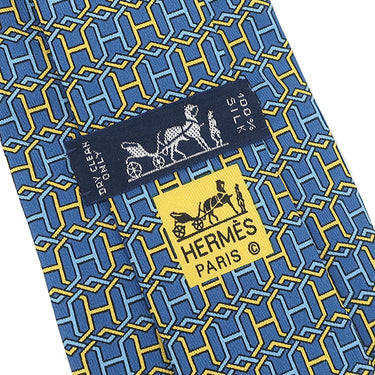 エルメス HERMES H柄 9cm ブルー×イエロー シルク ネクタイ 青 黄色 総柄