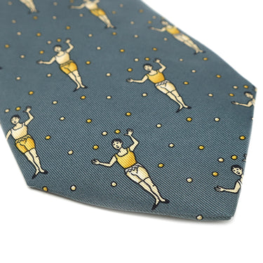 エルメス HERMES ジャグリング 9cm グリーン×イエロー シルク ネクタイ 青緑 黄色 人モチーフ
