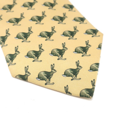 エルメス HERMES アニマル柄 8.5cm イエロー×グリーン シルク ネクタイ 黄色 カンガルー