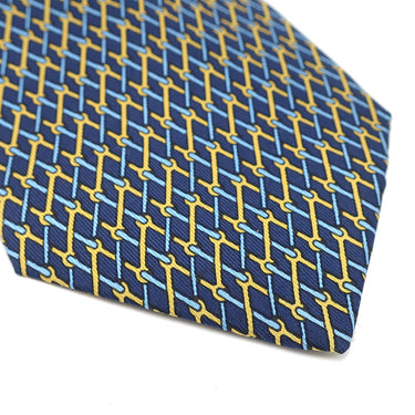 エルメス HERMES 総柄 9cm ネイビー×オレンジ シルク ネクタイ 紺 黄色 金具 スパナ