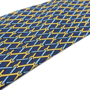 エルメス HERMES 総柄 9cm ネイビー×オレンジ シルク ネクタイ 紺 黄色 金具 スパナ