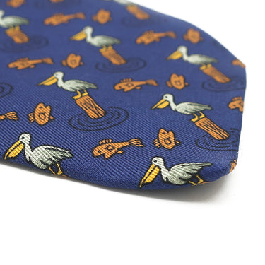 エルメス HERMES アニマル柄 9cm ネイビー×マルチカラー シルク ネクタイ 紺 茶 緑 黄色 ペリカン 鳥 魚