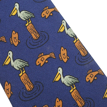 エルメス HERMES アニマル柄 9cm ネイビー×マルチカラー シルク ネクタイ 紺 茶 緑 黄色 ペリカン 鳥 魚