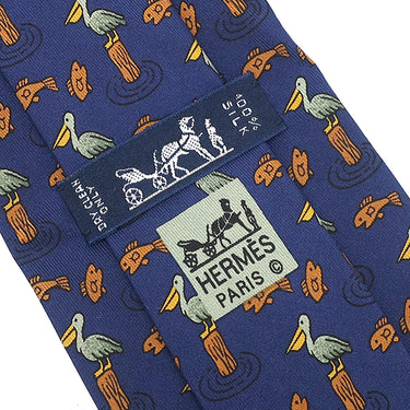 エルメス HERMES アニマル柄 9cm ネイビー×マルチカラー シルク ネクタイ 紺 茶 緑 黄色 ペリカン 鳥 魚