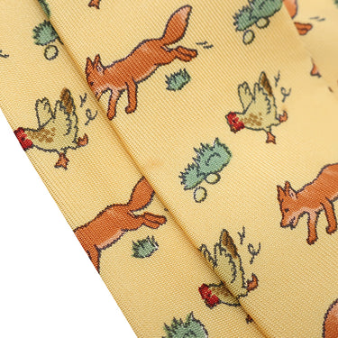 エルメス HERMES アニマル柄 9cm イエロー×マルチカラー シルク ネクタイ 黄色 緑 茶 ニワトリ キツネ