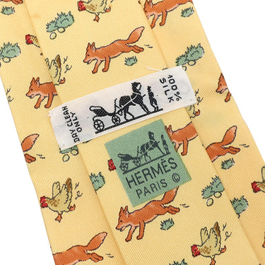 エルメス HERMES アニマル柄 9cm イエロー×マルチカラー シルク ネクタイ 黄色 緑 茶 ニワトリ キツネ
