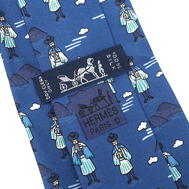 エルメス HERMES 吟遊詩人 9cm ブルー シルク ネクタイ 青 水色 総柄 山 雲 旅人 音楽家