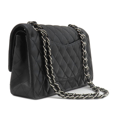 シャネル CHANEL マトラッセ 25 ダブルフラップ ブラック ラムスキン ショルダーバッグ シルバー金具 黒 ココマーク