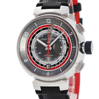 腕時計 ルイヴィトン LOUIS VUITTON タンブール ヴォワイヤージュ クロノグラフ Q102C 自動巻き メンズ グレー バー アラビア 限定
