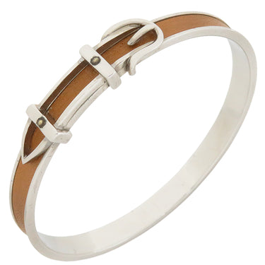 エルメス HERMES ベルト ブラウン×シルバー メタル レザー ブレスレット シルバー金具