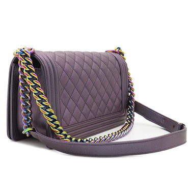 シャネル CHANEL ボーイシャネル チェーンショルダー パープル グレインドカーフスキン ショルダーバッグ 紫 レインボー金具
