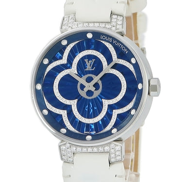 腕時計 ルイヴィトン LOUIS VUITTON タンブール ムーンディヴァイン QA095 クオーツ レディース 純正ダイヤ モノグラム ブルー