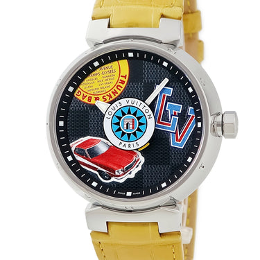 腕時計 ルイヴィトン LOUIS VUITTON タンブール GM ダミエ ワールドツアー QA063 クオーツ メンズ 黒 グレー ラウンド