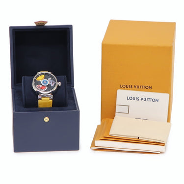 腕時計 ルイヴィトン LOUIS VUITTON タンブール GM ダミエ ワールドツアー QA063 クオーツ メンズ 黒 グレー ラウンド