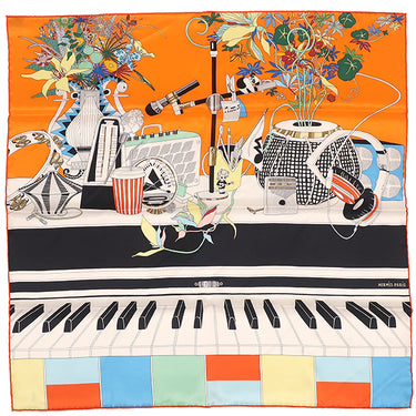 エルメス HERMES カレ70 CARRE オレンジ×ブラック×マルチカラー シルク スカーフ 【EN STUDIO /グランマネージュ】