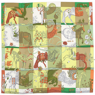 エルメス HERMES カレ90 CARRE グリーン×イエロー×オレンジ シルク スカーフ 【DELLA CAVALLERIA FAVOLOSA/デッラ カヴァッレリア ファヴォローサ】