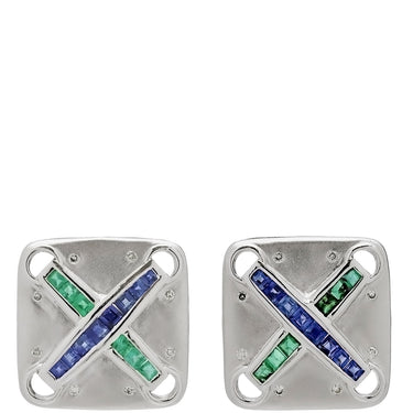 ノンブランド NON BRAND サファイア エメラルド ダイヤピアス ホワイトゴールド K18WG サファイア エメラルド ダイヤモンド ピアス 750 マルチストーン スクエア 四角 クロス ブルー グリーン