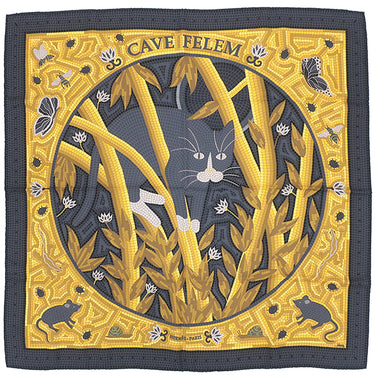 エルメス HERMES カレ90 CARRE ブラック×ジョーヌ シルク スカーフ 【CAVE FELEM/猫に注意】