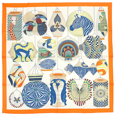 エルメス HERMES カレ90 CARRE オレンジ×クレーム×ヴェール シルク スカーフ 【LANTERNES BALLONS ET/】