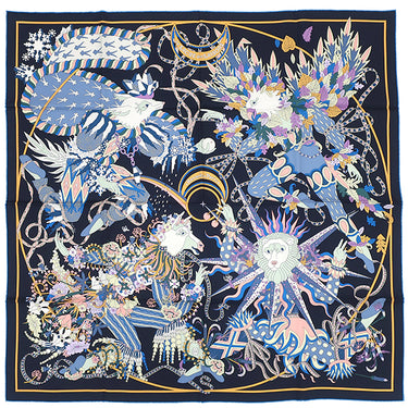 エルメス HERMES カレ90 CARRE ブルーノワール×シエル×ローズ シルク スカーフ 【LE SACRE DES SAISONS/四季の祭典】