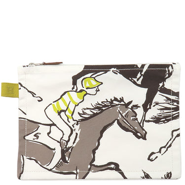 エルメス HERMES ヨッティングPM ホワイト×アニスグリーン コットン ポーチ シルバー金具 ジョッキー 馬モチーフ