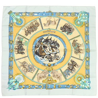 エルメス HERMES カレ90 CARRE ライトグリーン×ベージュ×ブルー シルク スカーフ 【CHEVAUX DE TRAIT/輓馬】