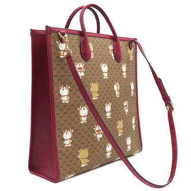 グッチ GUCCI マイクロGG ドラえもん コラボ トート 654345 ブラウン×レッド GGスプリームキャンバス レザー 2WAYバッグ ゴールド金具 茶 赤 牛ドラえもん 肩掛け