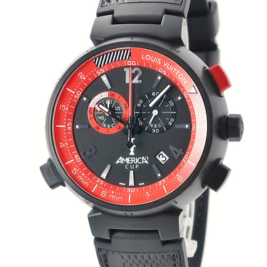 腕時計 ルイヴィトン LOUIS VUITTON タンブール クロノグラフ アメリカズカップ2013記念限定 Q101A クオーツ メンズ OH済 黒 赤 デイト