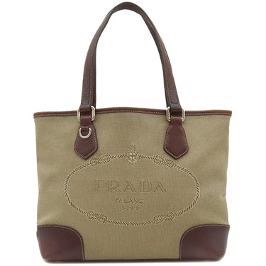 プラダ PRADA ロゴジャガード トートバッグ ベージュ×ブラウン キャンバス レザー 2WAYバッグ シルバー金具 茶 三角ロゴプレート ハンドバッグ ショルダーバッグ