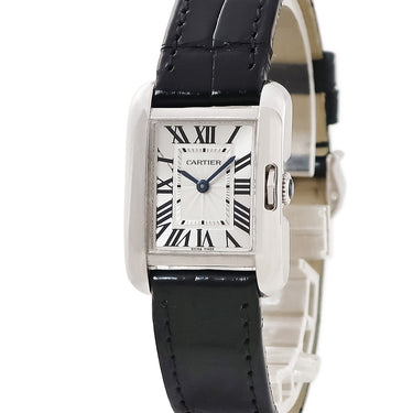 腕時計 カルティエ Cartier タンクアングレーズ SM W5310029 クオーツ レディース K18WG無垢 青針 ギヨシェ ローマン