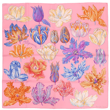 エルメス HERMES カレ90 CARRE ローズマラバール×ヴァイオレット×オレンジ シルク スカーフ 【TULIPOMANIE/チューリップマニア】