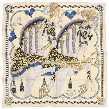 エルメス HERMES カレ90 CARRE クリーム×マリン×ゴールド シルク スカーフ 【HARNAIS DE COEUR/アルネ ドゥ クール】